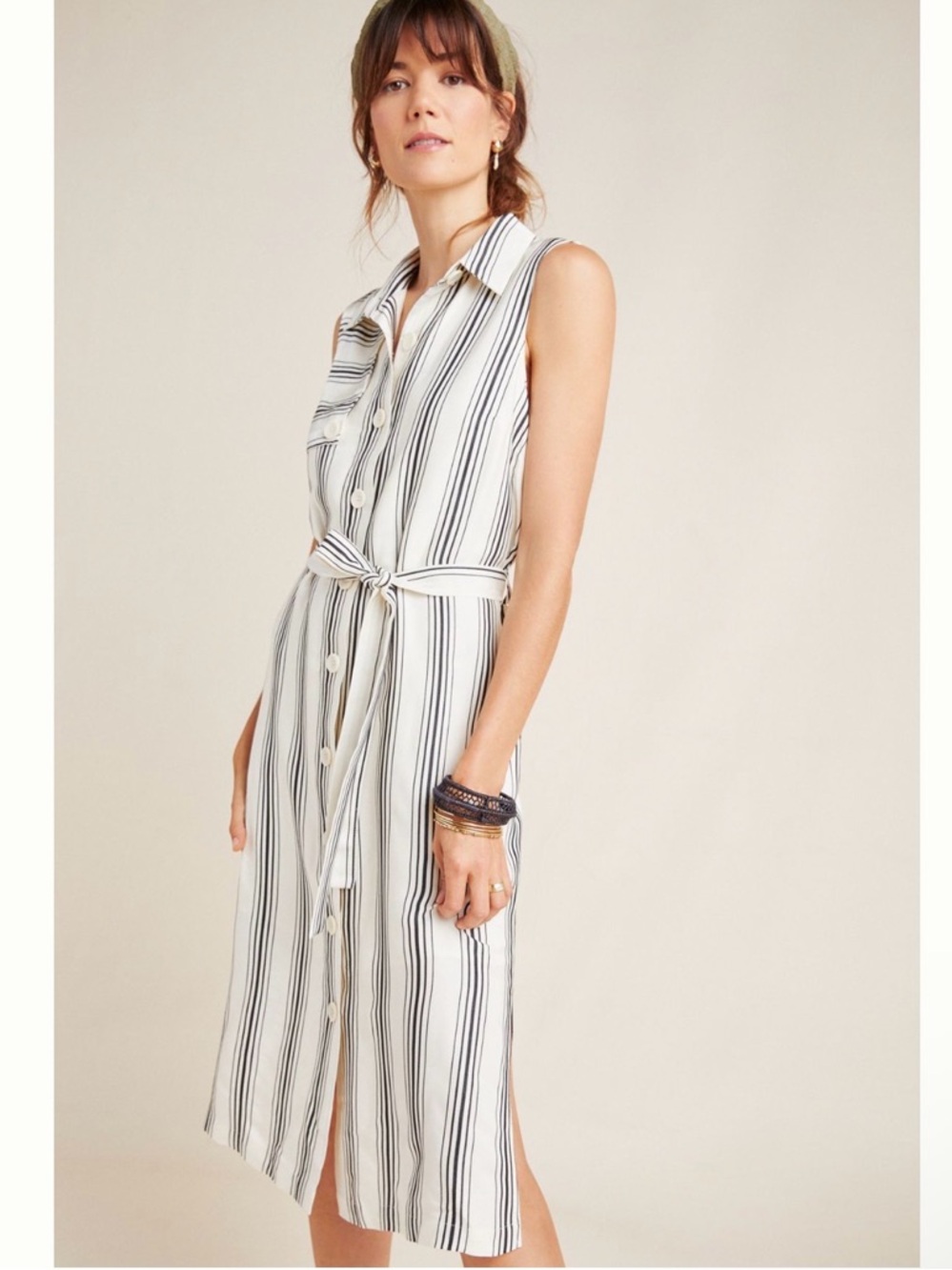 Anthropologie Sleeveless Button-Front Midi Dress in White with Black Stripes